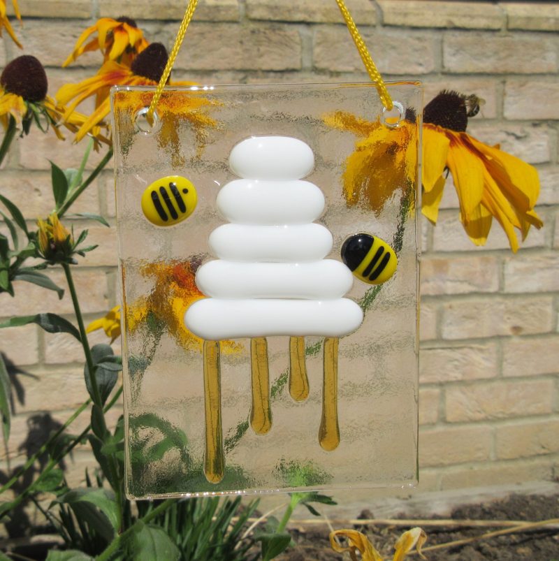 Handmade Fused Glass Beehive Dripping with Honey, perfect for bee lovers