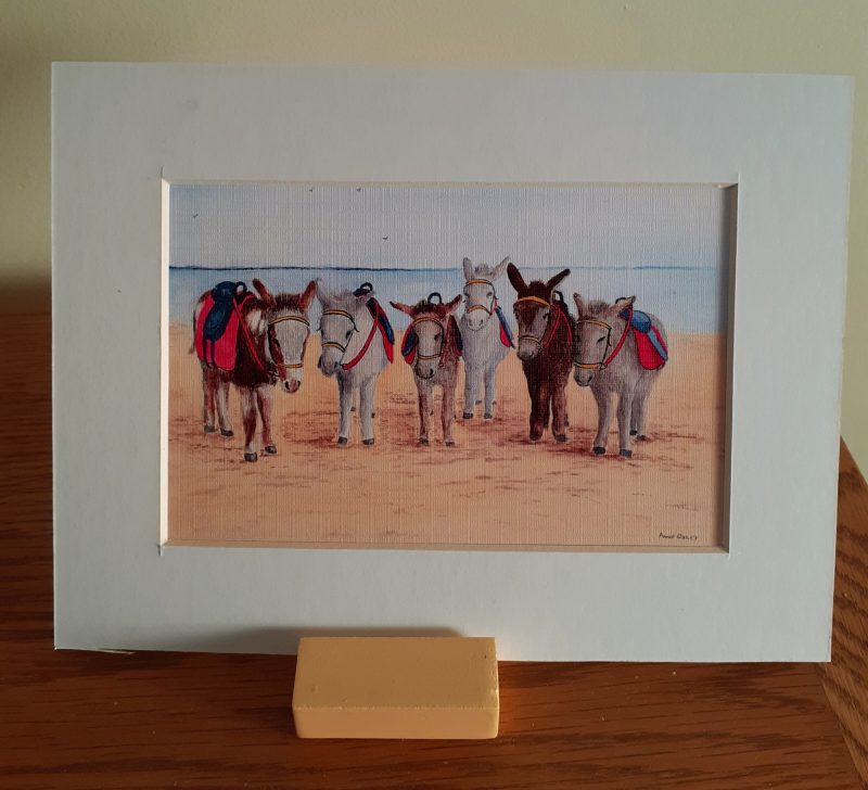 Donkey Rides. Print of a seaside landscape watercolour. Framed donkey/seaside print