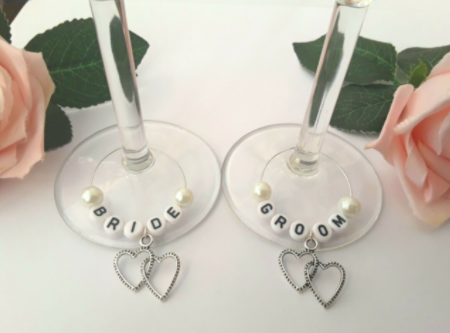 Bride and Groom wine glass charms, Wedding wine glass charm, various colours
