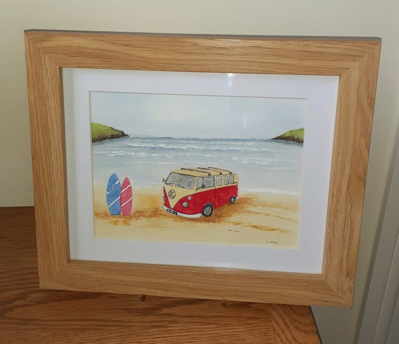 Surf's Up, Campervan on Beach original framed watercolour painting, Seaside painting