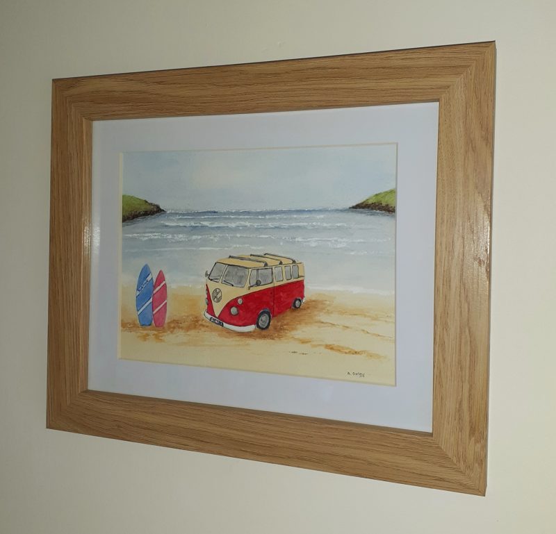 Surf's Up, Campervan on Beach original framed watercolour painting, Seaside painting