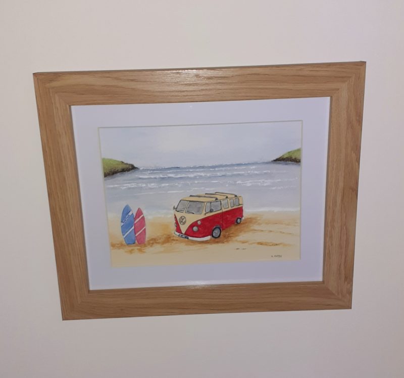 Surf's Up, Campervan on Beach original framed watercolour painting, Seaside painting