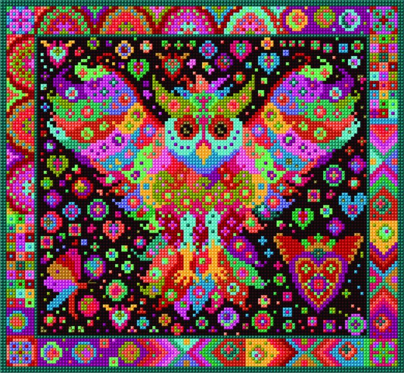 Mexican Owl Tapestry Kit, Mexican Folk Art Embroidery, Bird, Charted Cross-stitch, Needlepoint Kit