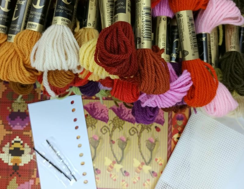 Thistle and Bee Tapestry Kit, Charted Cross-stitch, Floral, Cushion, Picture