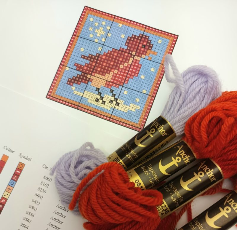 Robin Tapestry Mini-kit, Counted Cross-stitch, Needlepoint, Pin-cushion Kit, Picture, Bag, Easy