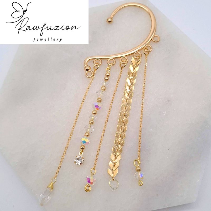 Ear Wrap Cuff, Dainty Bead Dangle, Gold No Piercing Earring, Crystal Jewellery Gold