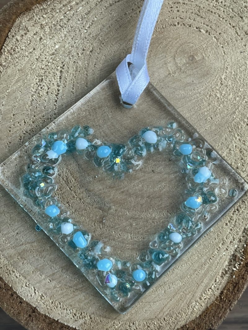 Hanging fused glass heart ornament