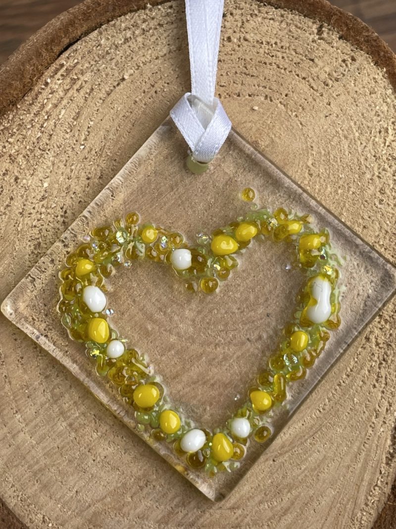 Hanging fused glass heart ornament