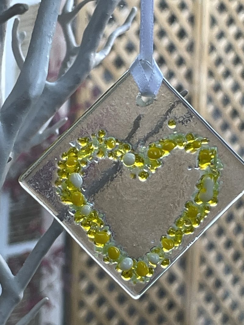 Hanging fused glass heart ornament