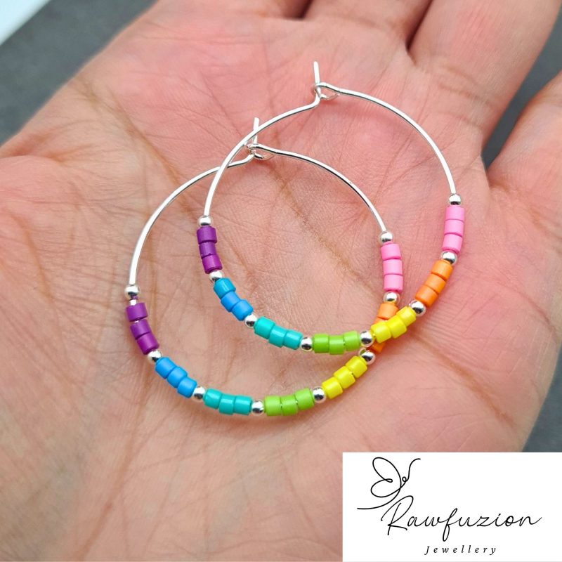 Medium Gold / Silver Unicorn Hoop Earrings, Coloured Beaded Hoops, Minimalist Earrings