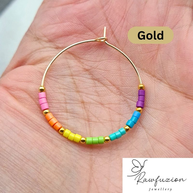 Medium Gold / Silver Unicorn Hoop Earrings, Coloured Beaded Hoops, Minimalist Earrings