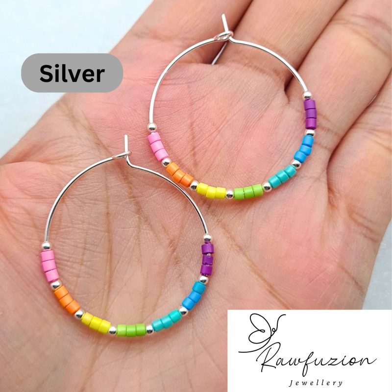 Medium Gold / Silver Unicorn Hoop Earrings, Coloured Beaded Hoops, Minimalist Earrings