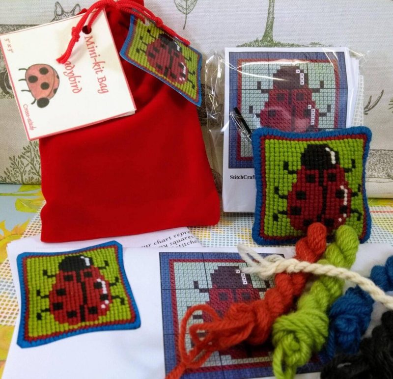 Ladybird Tapestry Pincushion, Mini-kit, Ladybird Charted Cross-Stitch Kit, Picture, Needlepoint, Git