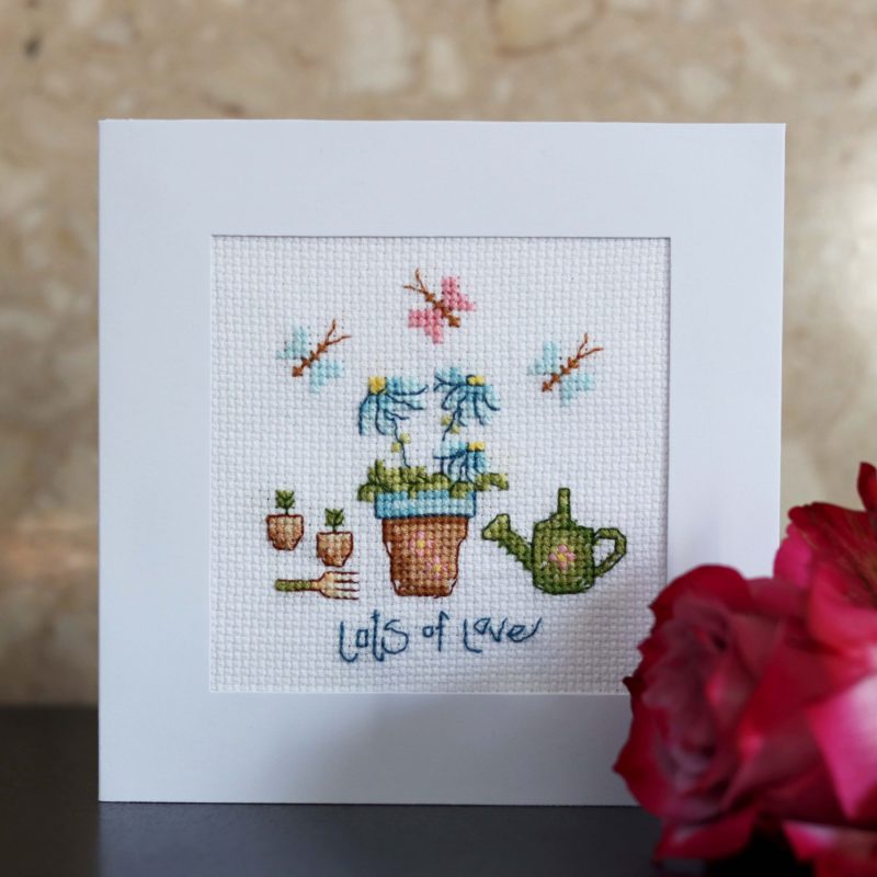 In the garden -A Cross stitch greetings card for all occasions and perfect for any loved one