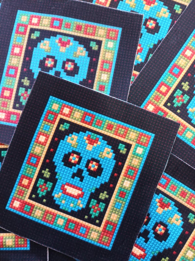 Sugar Skull, Mexican, Folk Art, Printed Fabric Panel, Velvet Touch, Cross-stitch Simulation, Patch