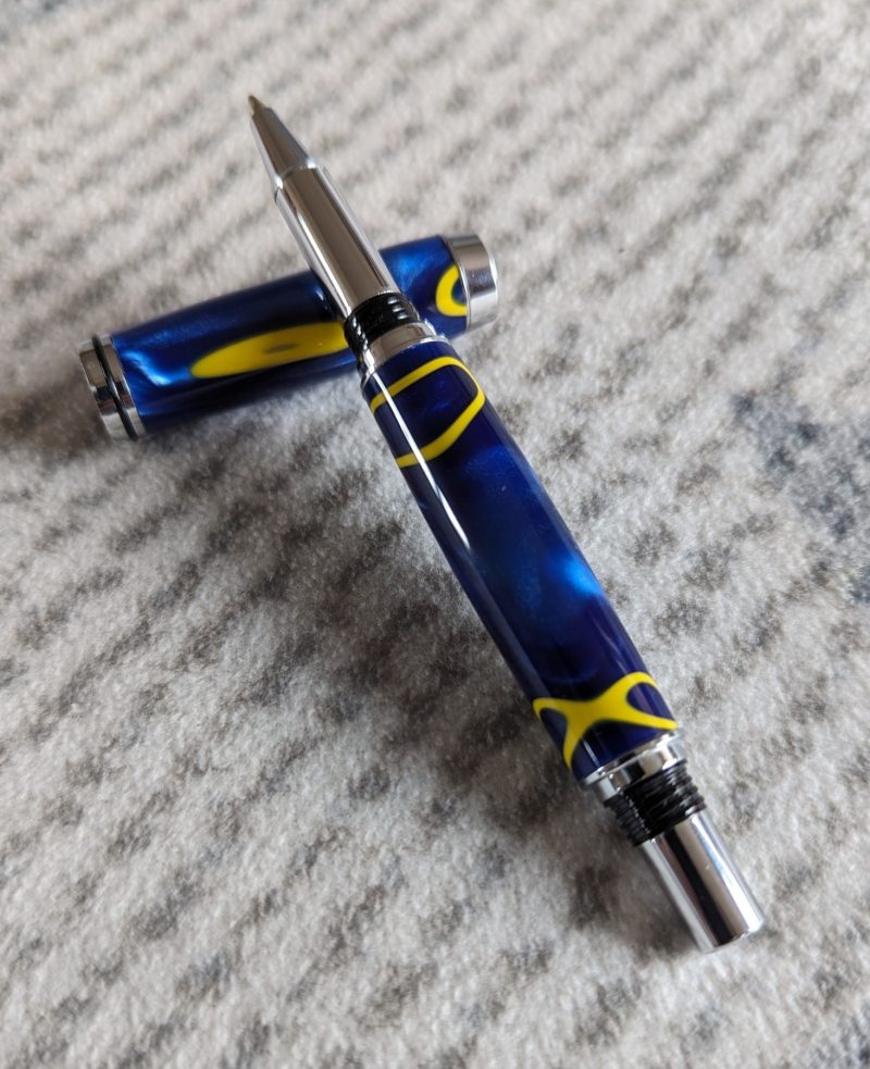 Acrylic Jr Gentleman-style Rollerball Pen Made from shimmery blue acrylic with yellow lines