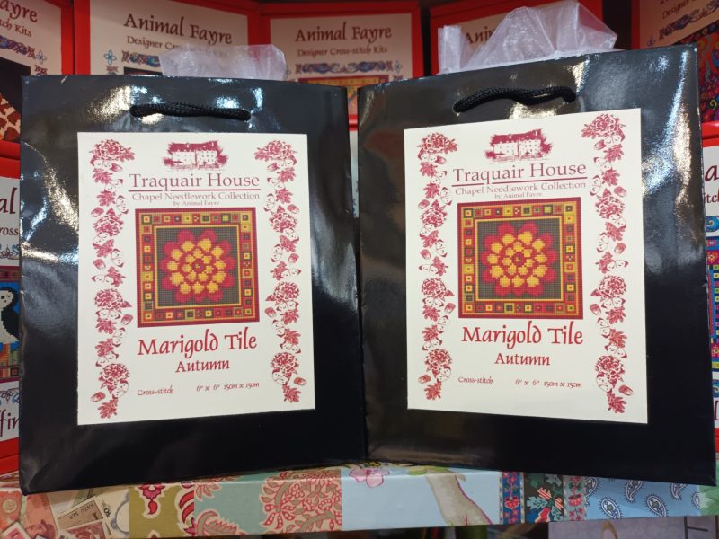 Autumn Marigold Tile Tapestry Kit, Counted Cross-stitch, Picture, Pin-cushion, Bag Front