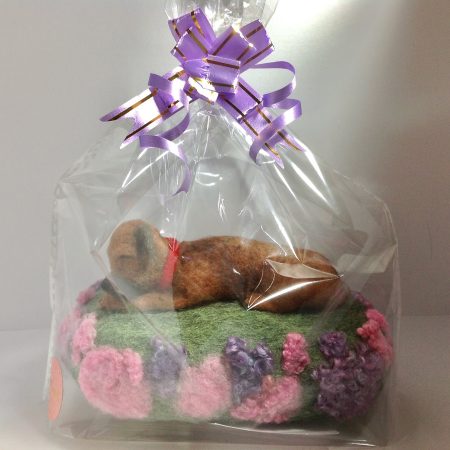 Miniature Needle Felted Border Terrier Sleeping In Summer Heather. Gift Packaged.