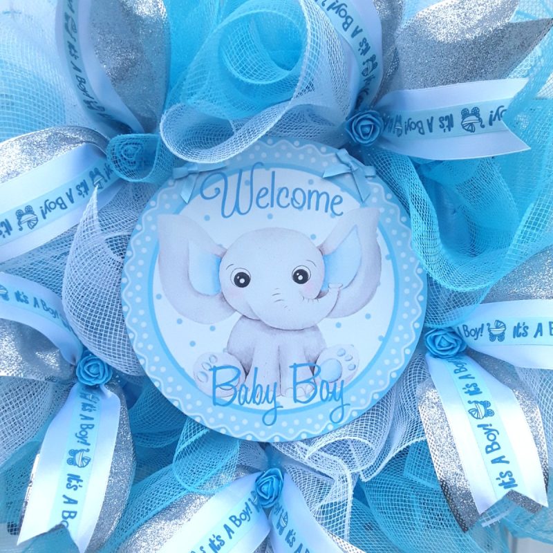 Handmade New Baby Boy Announcement Wreath,Nursery Wall Decor, Deco Mesh Baby Welcome Wreath