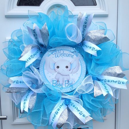 Handmade New Baby Boy Announcement Wreath,Nursery Wall Decor, Deco Mesh Baby Welcome Wreath