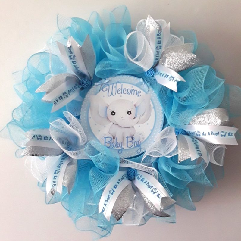 Handmade New Baby Boy Announcement Wreath,Nursery Wall Decor, Deco Mesh Baby Welcome Wreath