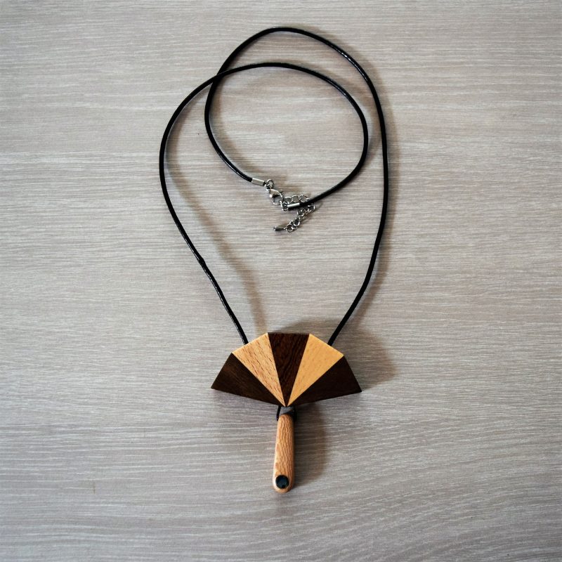 Hand made Art Deco style wood pendant necklace.