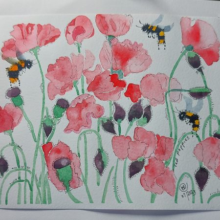 Bumble bees and red common poppies, mountable painting, 9x7 in