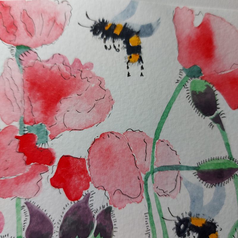 Bumble bees and red common poppies, mountable painting, 9x7 in