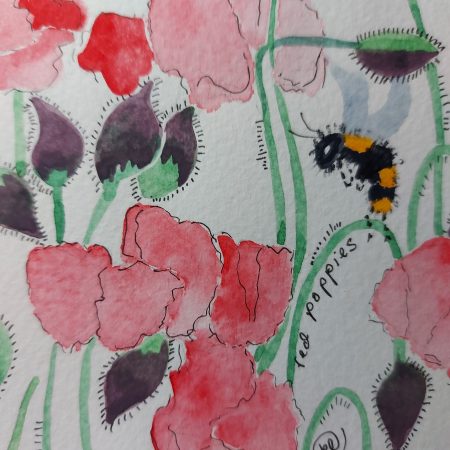 Bumble bees and red common poppies, mountable painting, 9x7 in