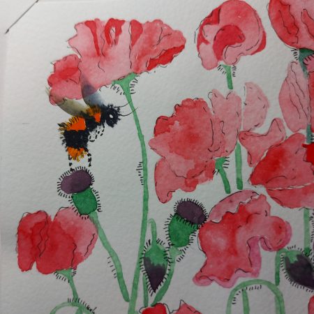 Bumble bees and red common poppies, mountable painting, 9x7 in
