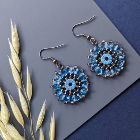 Ferris Wheel Earrings - handcrafted round dangle seed bead / beaded earrings - Glacier blue