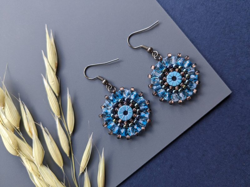 Ferris Wheel Earrings - handcrafted round dangle seed bead / beaded earrings - Glacier blue