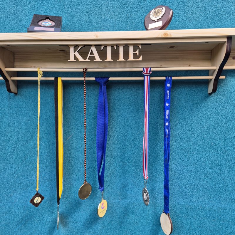 Personalised Trophy shelf with 2 hanging rails for medals