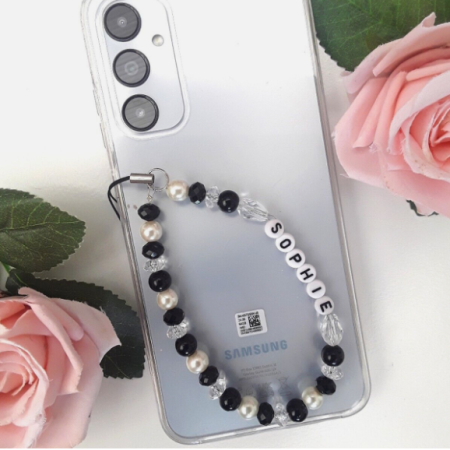 Handmade personalised beaded phone strap, personalised mobile phone charm