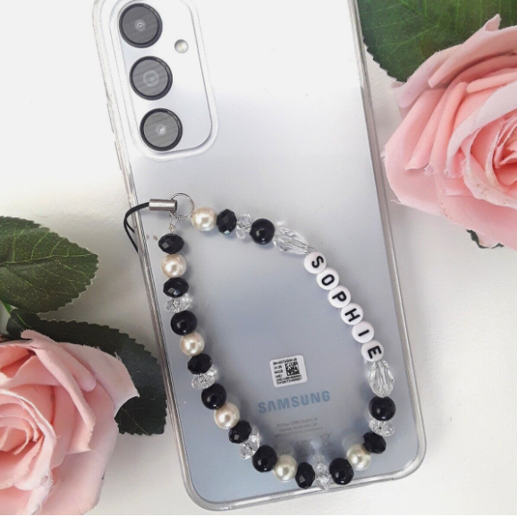 Handmade personalised beaded phone strap, personalised mobile phone charm