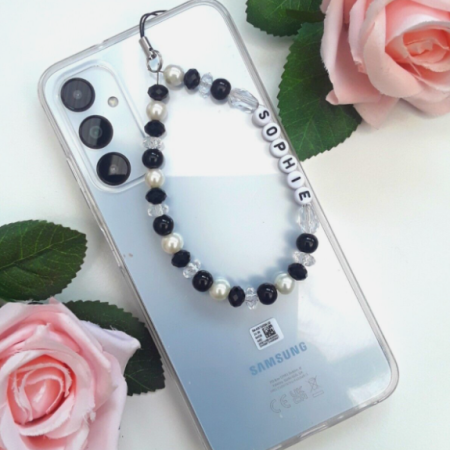Handmade personalised beaded phone strap, personalised mobile phone charm