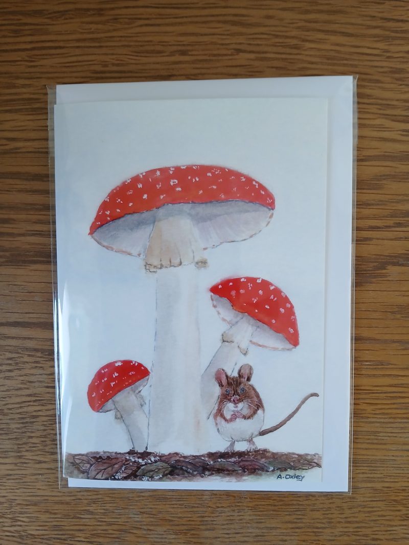 Mushroom and mouse Greetings card with white envelope, mushroom and mouse blank card