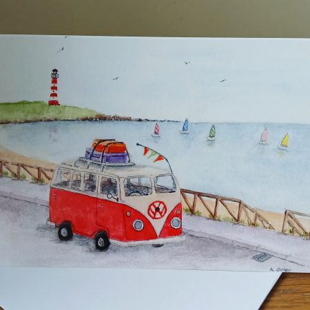 Campervan by the sea Greetings card with white envelope, Campervan blank card