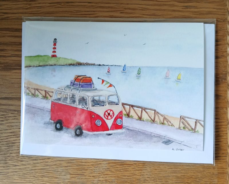 Campervan by the sea Greetings card with white envelope, Campervan blank card