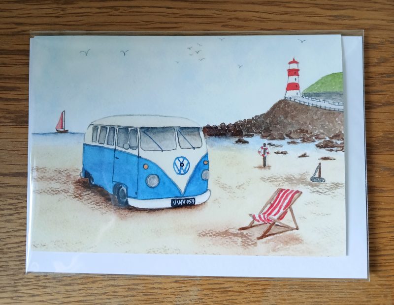 Campervan on the beach Greetings card with white envelope, Campervan blank card