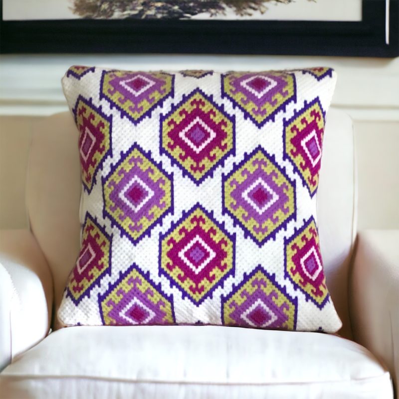 Original design needlepoint cushion in white and purples