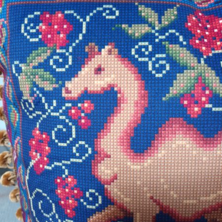 The Camel Velvet Cushion, Tapestry Style Print with Pom-pom Trim.