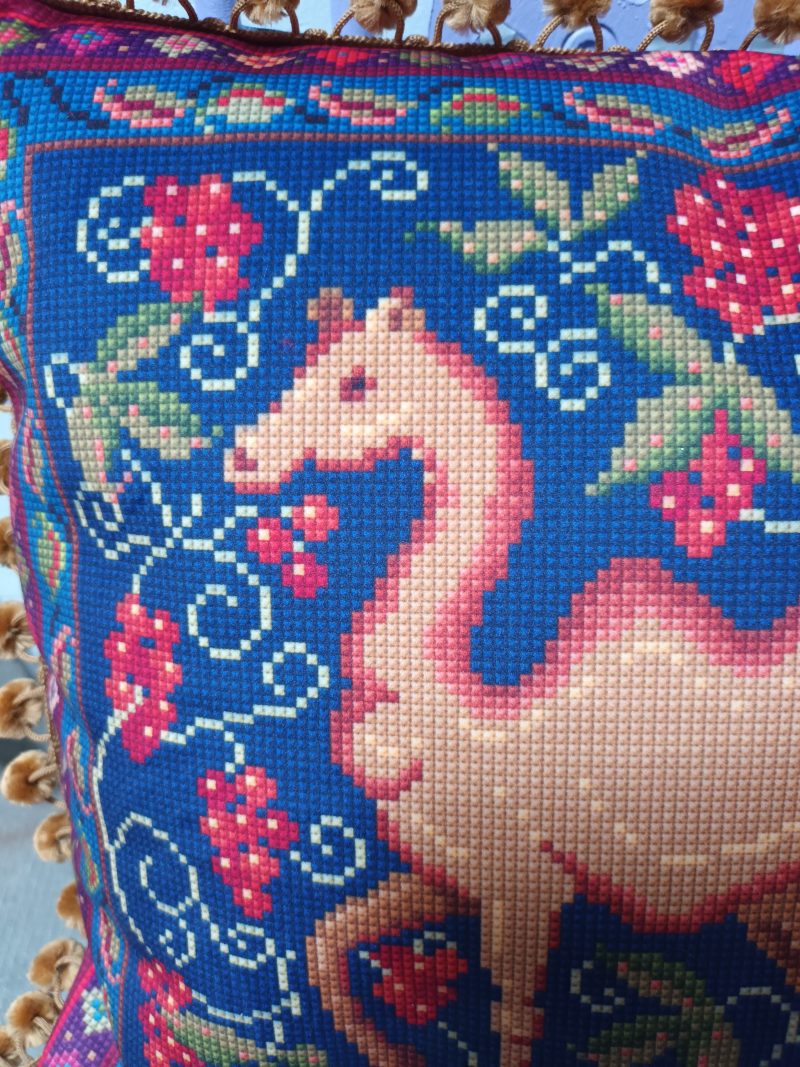 The Camel Velvet Cushion, Tapestry Style Print with Pom-pom Trim.