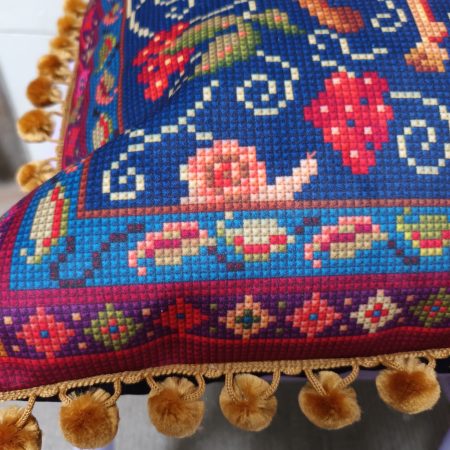 The Camel Velvet Cushion, Tapestry Style Print with Pom-pom Trim.