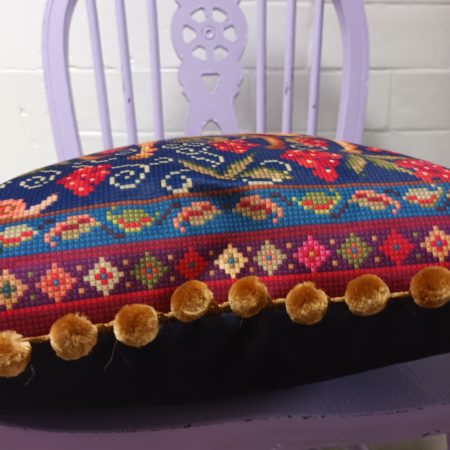 The Camel Velvet Cushion, Tapestry Style Print with Pom-pom Trim.