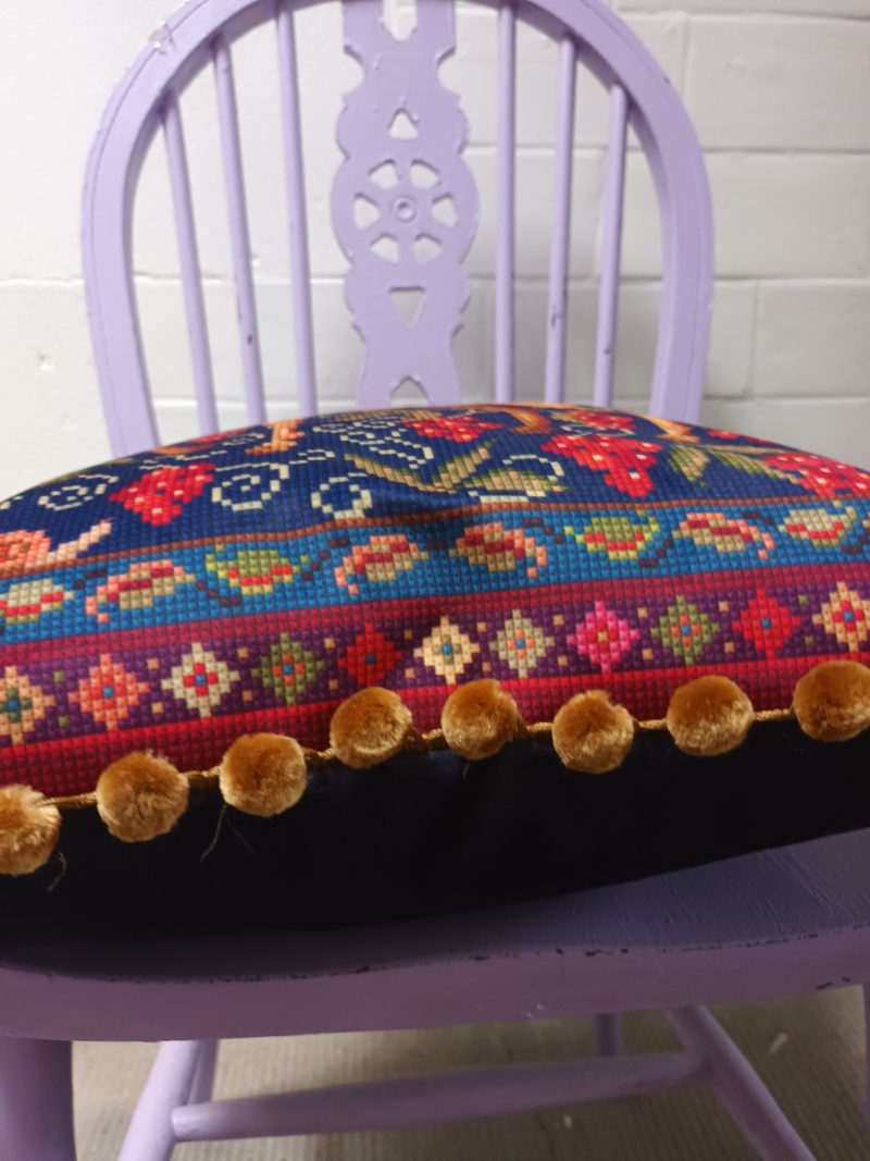 The Camel Velvet Cushion, Tapestry Style Print with Pom-pom Trim.