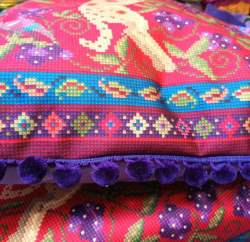 Spotted Hound Velvet Cushion, Tapestry Style Print, Pom-pom Trim
