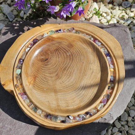 Elm bowl with fluorite