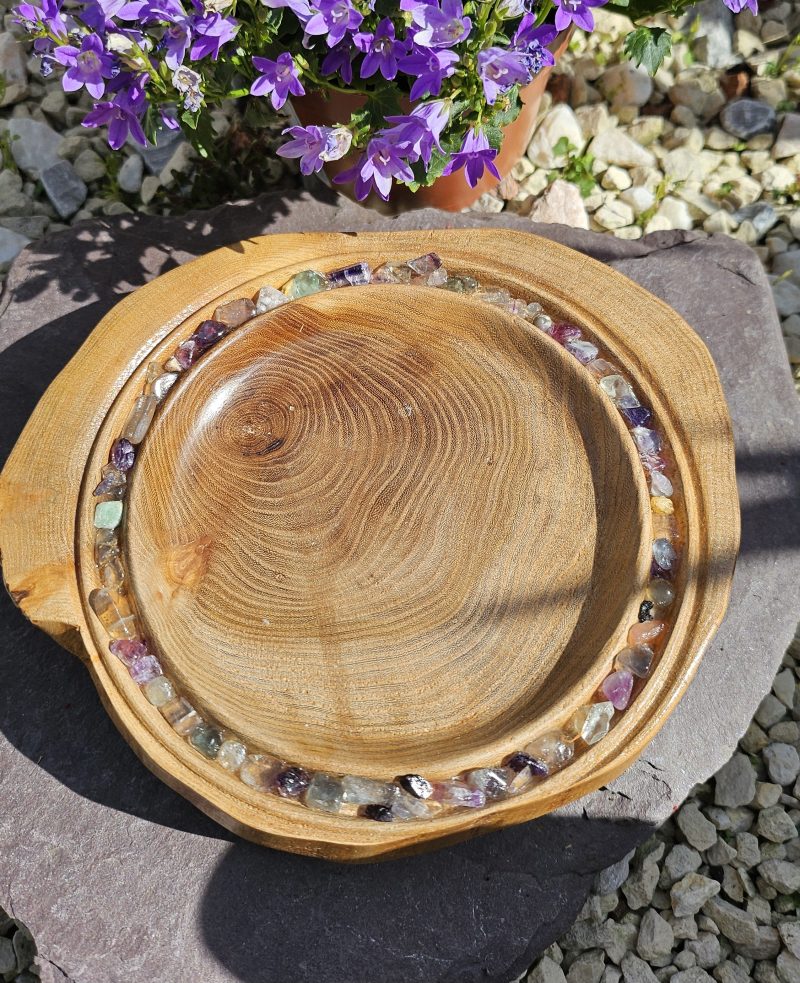Elm bowl with fluorite