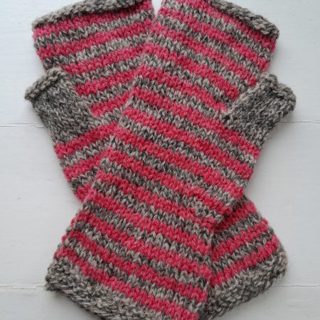Handknitted Shetland Wool Stripey Fingerless Gloves - pink/grey